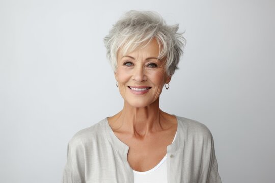 Portrait of happy senior woman with grey hair, looking at camera.