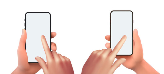 Vector 3D hand holding smartphone with white blank screen isolated and touching phone mockup template on background.