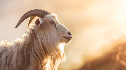 goat close up side view blurry background late afternoon