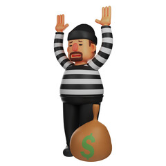 3D Illustration. 3D Cartoon Thief Character in surrender pose. standing next to the bag. showing a frightened facial expression. 3D Cartoon Character