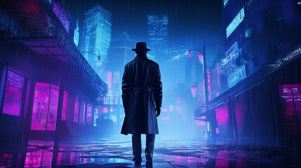 scene depicting a cybernetic detective walking through a rainy, neon-lit cityscape, reminiscent