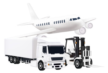 Realistic Set of vector freight cargo transport. truck. aircraft. forklift 3D Vector illustration isolated on background