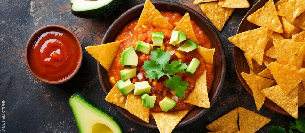 Poster Popular Tex Mex or Mexican appetizer with melted cheeses, spices, hot sauce, homemade tortilla chips, avocado, and meat.