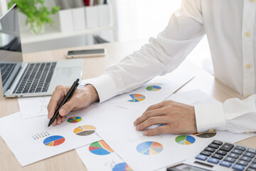 Business men calculate benefit, spreadsheets, graph financial development, bank accounts,...