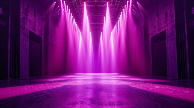 Empty stage with striking purple lighting awaits an evening of performances in a modern setting. Dramatic spotlight and ambient lights casting vibrant hues