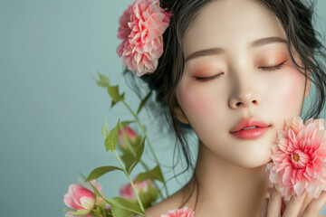 Photo of beautiful Asian woman with flowers, spa concept, skincare