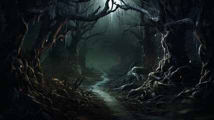 haunted forest path. A spooky scene of a haunted forest path, with gnarled trees, creeping fog - obrazy, fototapety, plakaty