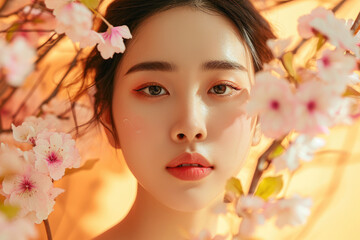Obraz na płótnie Canvas Photo of beautiful Asian woman with flowers, spa concept, skincare