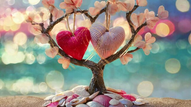 Hearts, Hearts on beach, Hearts Valentines Day, Shell tree on the beach, Valentine Background, Valentines Day background, Valentine backdrop