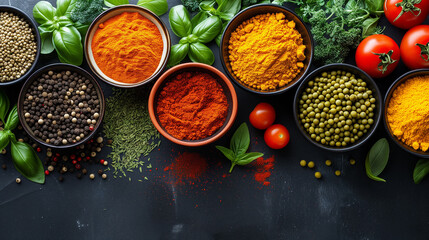 Bright and colorful food spices in bowls on dark background.