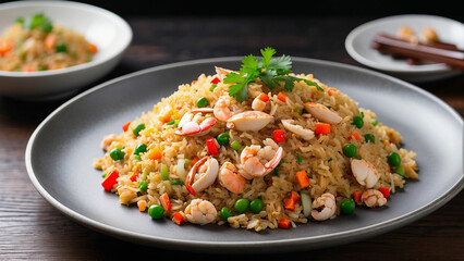 picture of the crab fried rice plated on a pristine white dish, resting elegantly on a dark wooden table