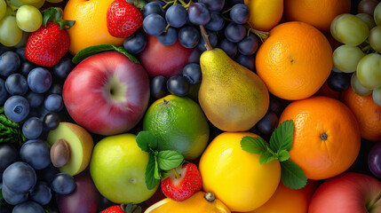Naklejka na ściany i meble Vibrant fruit medley. Fresh whole fruits background.
