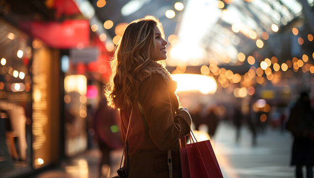 a smiling woman with shopping bags, golden age aesthetics, light brown and crimson, high-quality photo, street fashion, dark red and emerald, vibrant airy scenes