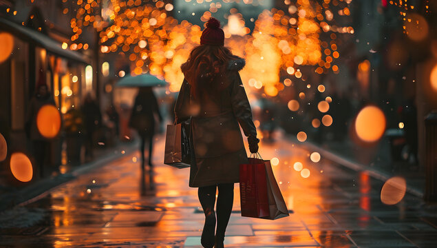 a beautiful lady with shopping bags walking down the city streets, solarizing master, candid celebrity shots, red and amber, high-quality photo