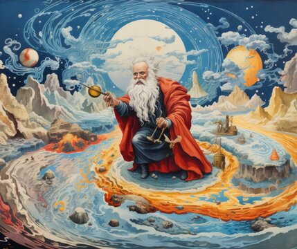 An old colorfull photorealistic map with an interesting figure in it, in the style of cosmic themes, cyclorama, mythological figures, light sky-blue and light red.