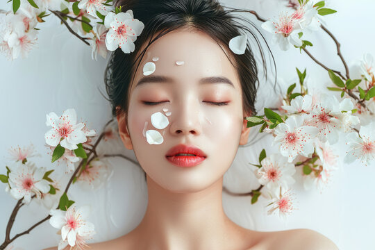 Photo of beautiful Asian woman with flowers, spa concept, skincare