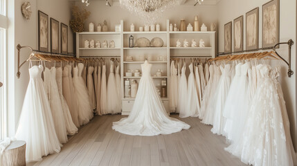 Fototapeta na wymiar Inside of a bridal shop filled with many custom made wedding dresses on display.