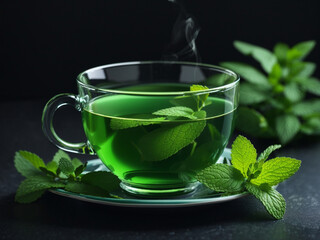 A cup of tea with an of mint green