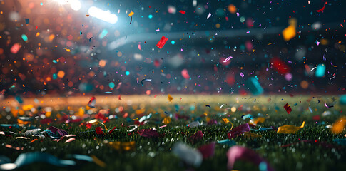 3d stadium template with colorful confetti falling on the field at night - obrazy, fototapety, plakaty