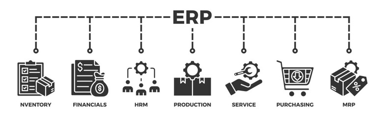 ERP banner web icon glyph silhouette for enterprise resource planning with icon of inventory, financials, hrm, production, service, purchasing, and mrp - obrazy, fototapety, plakaty