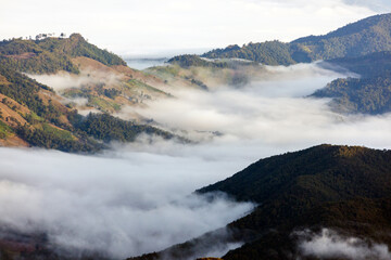 Top view Landscape of Morning Mist with Mountain Layer at Meuang Feuang