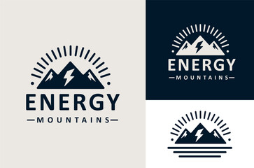 Sun Mountain Illustration with Energy Symbol Vector Vintage Retro Outdoor Adventure Club