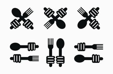 Set of Icons of Hand holding Spoon and Fork Cutlery with Silhouettes vector Illustrations