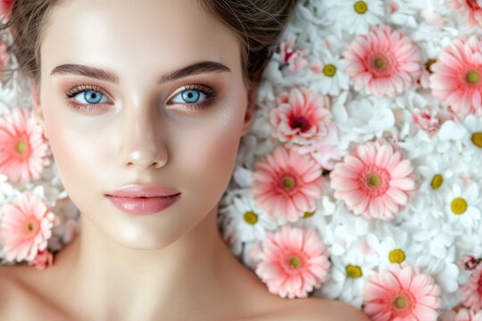 Photo of beautiful woman with flowers, spa concept, skincare