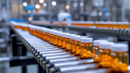 Automated bottling and processing factory details. Packaging vitamins and medicine in bottles.