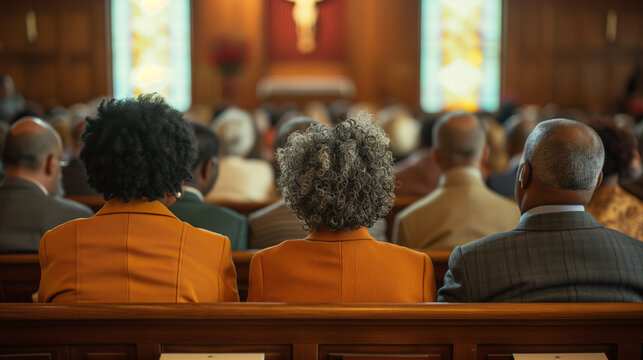 Adults inside a church during a sermon listening to preacher. Christians fellowshipping and praising on a Sunday morning. Back row.