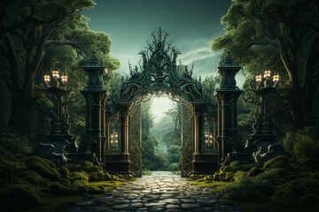 Classic Iron Gate, on isolated Forest Green background, Generative AI