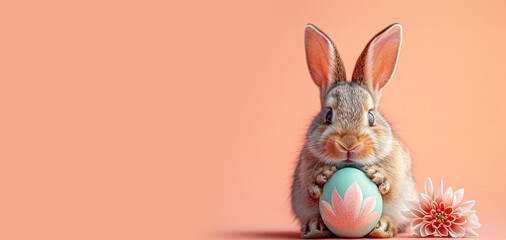 Easter bunny rabbit with colored egg peach color background. AI generated