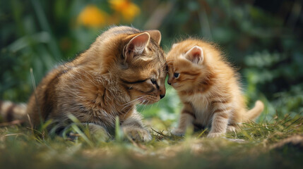 Two small cats, one an even smaller kitten face to face in the garden. Cute friends in love.
