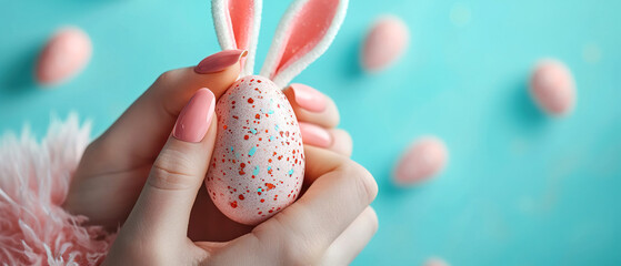 Woman's nails with beautiful manicure in Easter style with flowers and decorated egg. AI generated