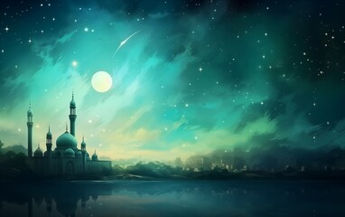 Fototapeta na wymiar Ramadan kareem and eid fitr islamic concept mosque oil painting background illustration in aesthetic dark green color for wallpaper, greeting card and flyer.