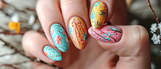 Woman's nails with beautiful decorated manicure in spring Easter style. AI generated - obrazy, fototapety, plakaty