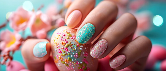 Woman's nails with beautiful manicure in Easter style with flowers and decorated egg. AI generated