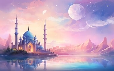 Ramadan kareem and eid fitr islamic concept mosque oil painting background illustration in colorful aesthetic pastel color for wallpaper, greeting card and flyer.