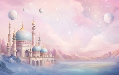 Ramadan kareem and eid fitr islamic concept mosque oil painting background illustration in colorful aesthetic pastel color for wallpaper, greeting card and flyer.