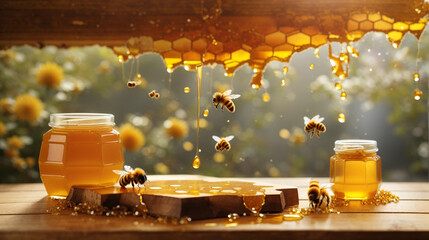 A wooden table with a jar of honey jar of honey and bee - obrazy, fototapety, plakaty