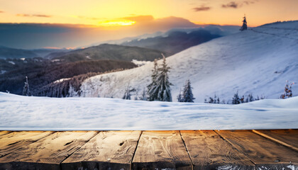Winter landscape and shabby table on a sunset. Mountains Carpathians