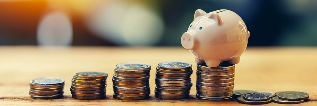 Staircase of piggy bank and coins