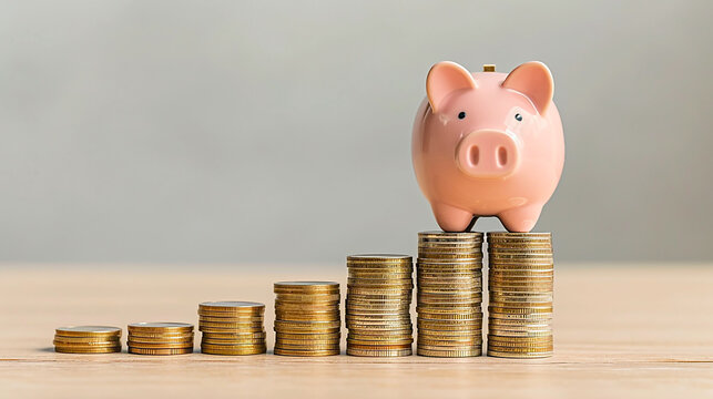 Staircase of piggy bank and coins