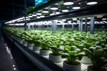 High-yield hydroponic lettuce farm with LED grow lights, Generative AI