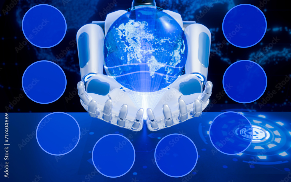Poster the robot makes a hug, has light from a hologram, shows a picture of the world. shows circles to rep