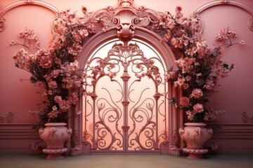 Fototapeta na wymiar Handcrafted Iron Gate, on isolated Coral Pink background, Generative AI