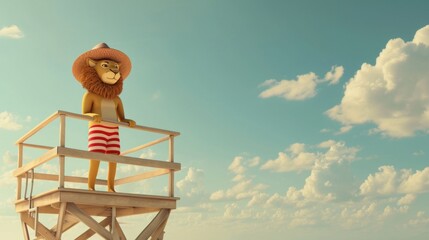 Cartoon digital avatar of a lion lifeguard standing tall on a lifeguard tower, wearing a red and white striped swim trunks and a sun hat. - obrazy, fototapety, plakaty