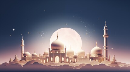 mosque and moon at night in paper cutting style 3D illustration. Ramadan kareem and eid fitr islamic concept background for greeting card and flyer. colorful pastel color. - obrazy, fototapety, plakaty