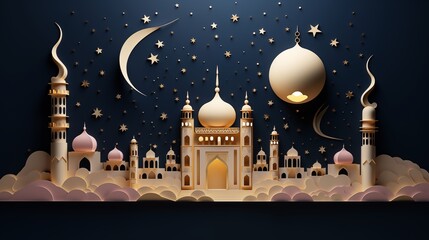 mosque and moon at night in paper cutting style 3D illustration. Ramadan kareem and eid fitr islamic concept background for greeting card and flyer. colorful pastel color.