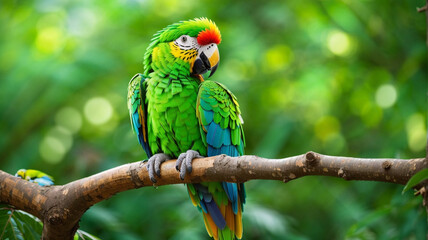 A green parrot sitting on top of a tree